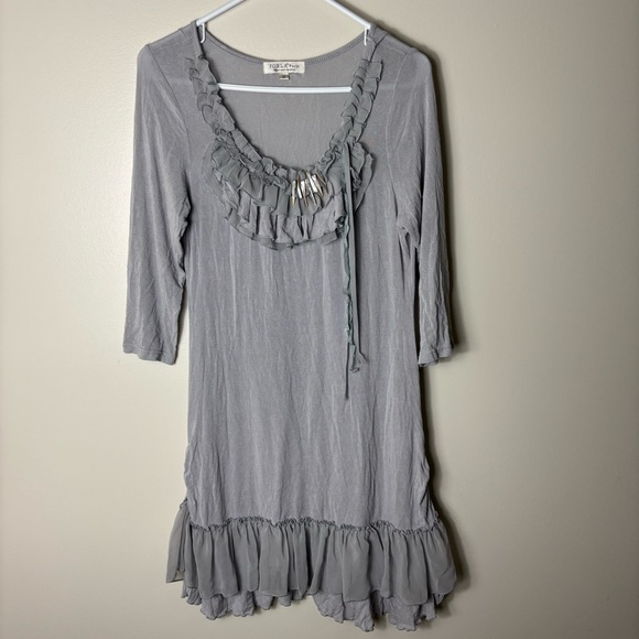 Forla Paris gray ruffles with shell detail feminine midi dress - Picture 2 of 12